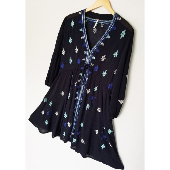 FREE PEOPLE Star Gazer Embroidered Boho Mini Dress Coverup Black XS Tunic $128 - Picture 16 of 16